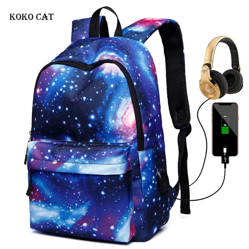 Men Canvas School Laptop Backpack Galaxy Star Universe Space USB Charging for Teenagers Boys Student Girls Bags Travel  Mochila