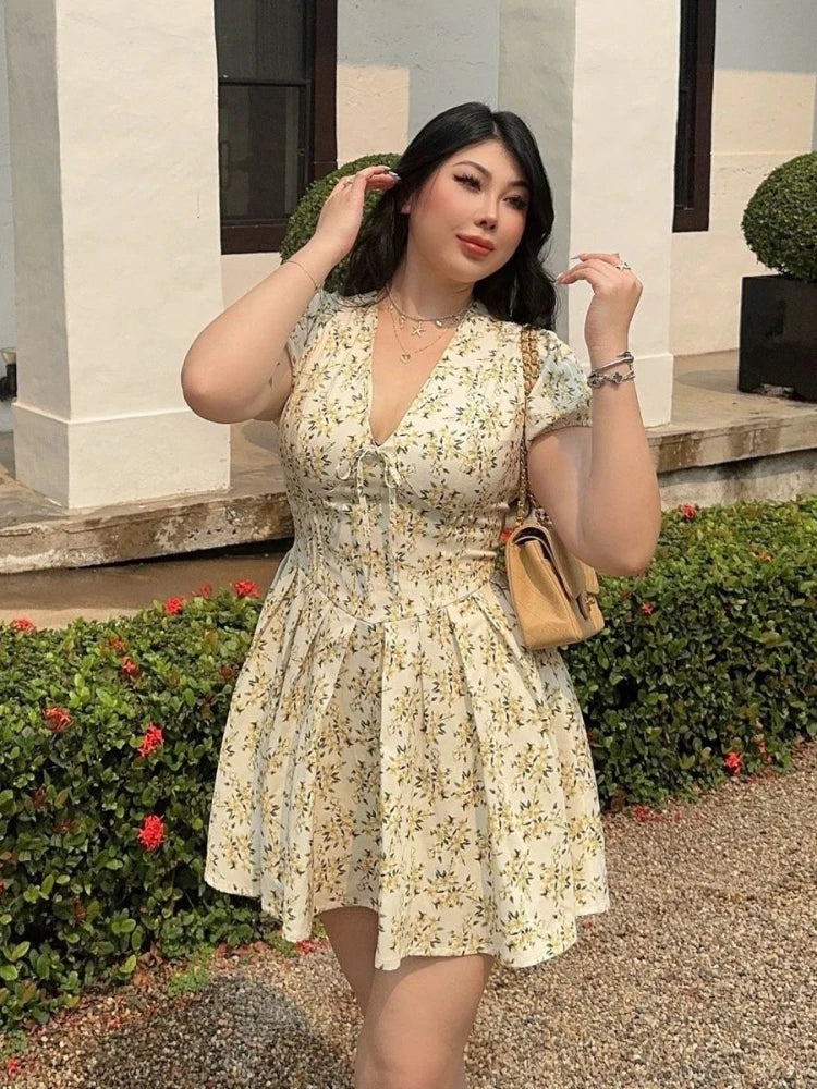 Plus Size Pleated Mini Dress For Women Floral Print V Neck Short Sleeve Lace Up Lady Sexy Slim Summer Elegant Outfits Party
