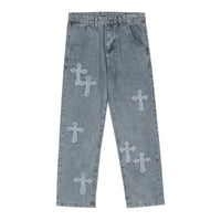 Men's street style loose jeans with vintage cross design, hip-hop trend wide leg pants, casual straight leg denim pants