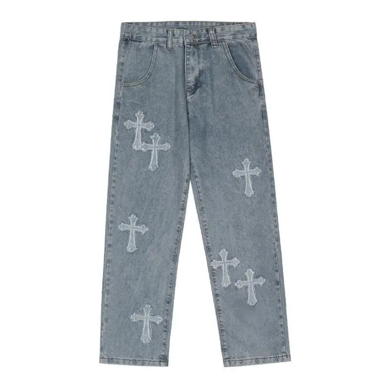 Men's street style loose jeans with vintage cross design, hip-hop trend wide leg pants, casual straight leg denim pants
