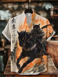 Men's short-sleeved shirt with cat and dinosaur print, casual and stylish vacation-style men's top, fashionable Hawaiian design.