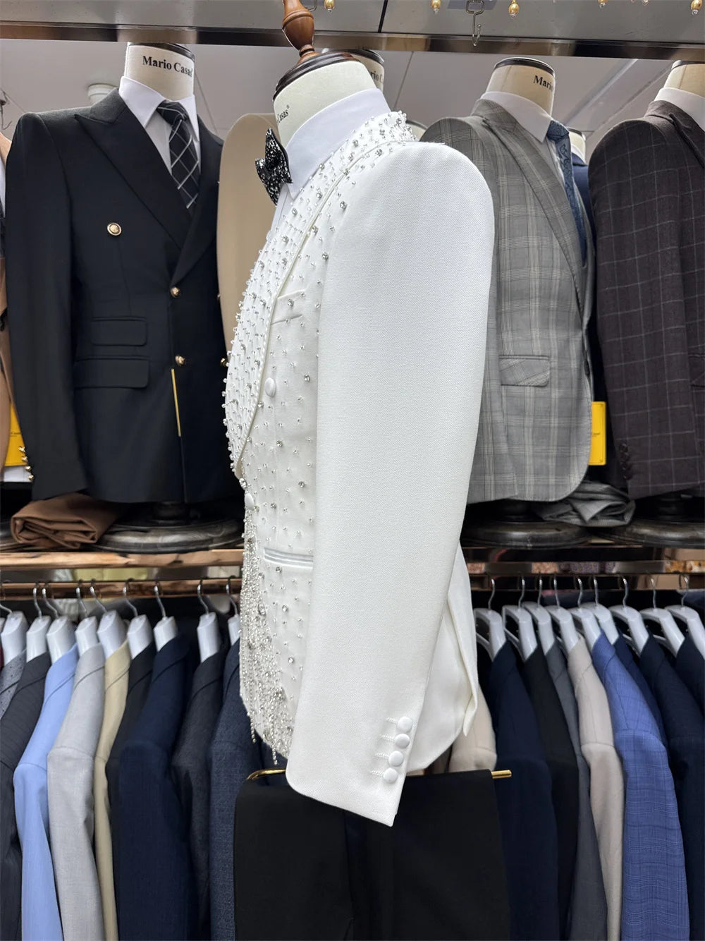 Chic Handsome Dancing Men's 2-pieces Date Suit Set Hot Sale Shawl Lapel Gorgeous Tassel Jacket Pants Wedding Party Groom Wear