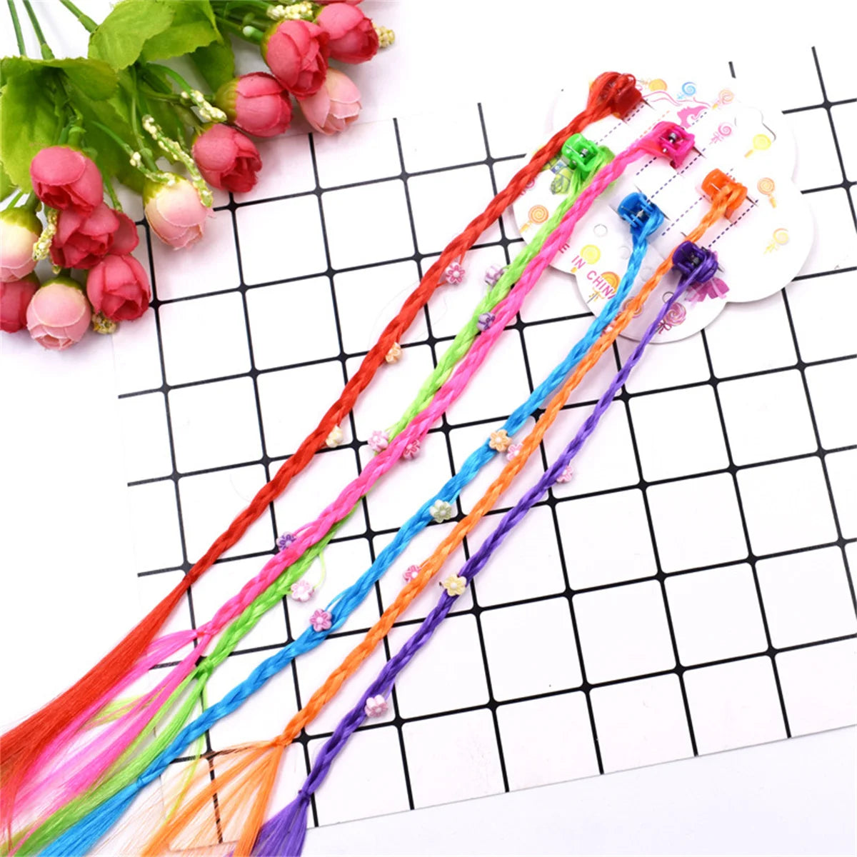 6Pcs/Set Colorful Braids Hair Extensions with Hair Clips Girls Rainbow Braided Ponytail Hairpieces Hair Accessories for Kids