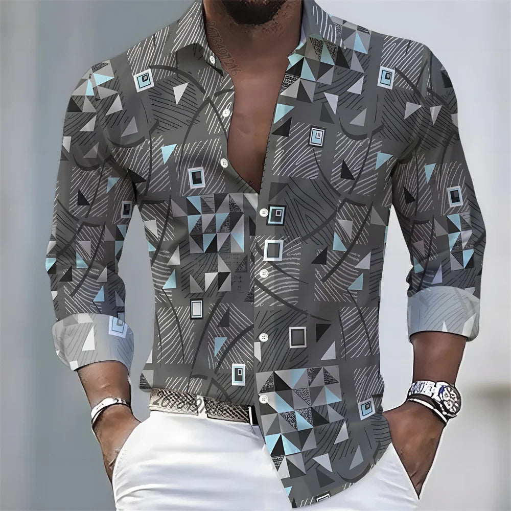 Men's Retro Color-Blocked Floral Print Long-Sleeve Shirt with Paisley Pattern Design, Casual Top for Spring and Autumn