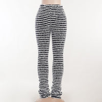 Sexy Women Winter Casual Panelled Knitted Pants  Soft High Waist Fleece Stripe Patchwork Trouser