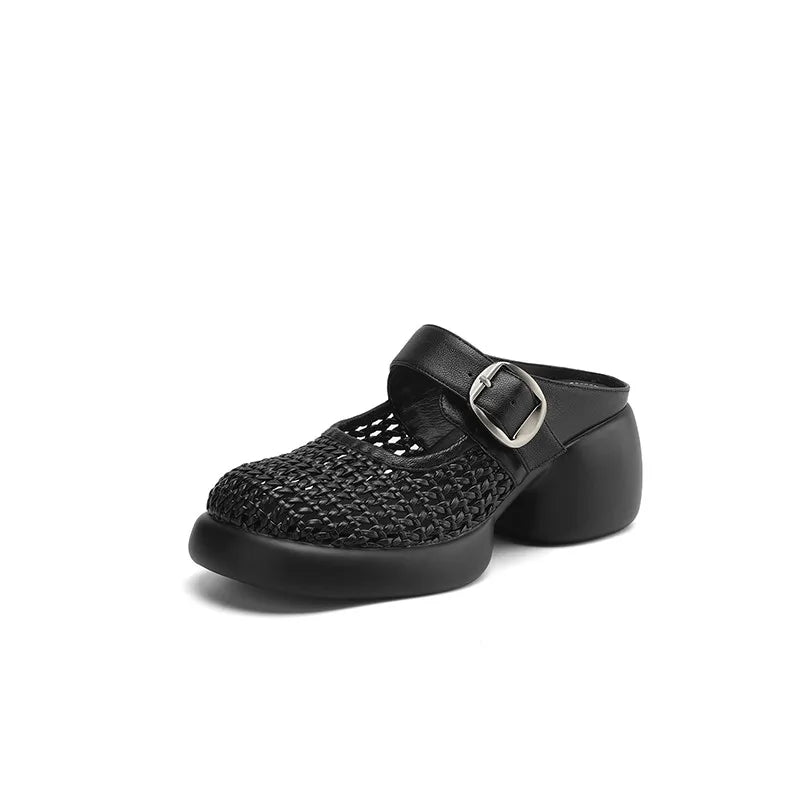 New Summer Slippers Cover Toe Slippers for Women Fashion Hollow Out Round Toe High Heels Ladies Shoes Chunky Heels Slippers