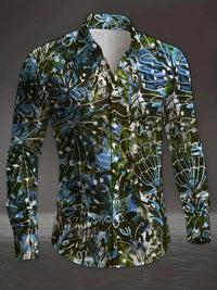 New men's 3D reindeer print shirt men's long sleeved shirt casual button loose top ethnic retro collar shirt