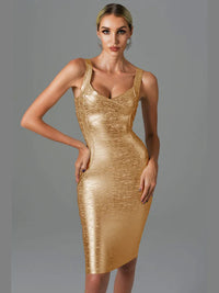 Classic Bronzing Bandage Dress Sexy Sleeveless Square Collar Bodycon Mini Elastic High Street Evening Club Party Dresses