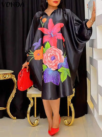 Plus Size 5XL VONDA Women Bohemian Long Sundress Autumn Floral Printed Elegant Midi Dress 3/4 Bat Sleeve Casual Loose Retro Robe