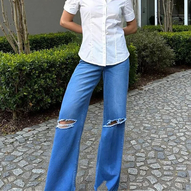 Women Blue Jeans Knee Ripped Retro Rosted Versatile Pant High Waist Wide Leg Denim Jeans Basic Denim Loose Long Pants
