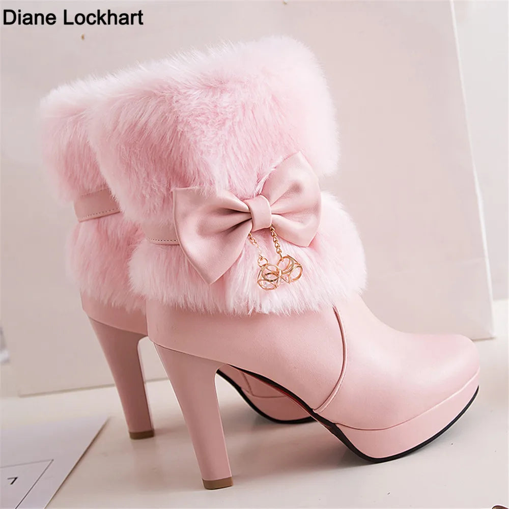 2025 Winter Womens Fashion High Heel Boots Pink White Black Fur Tassel Bowtie Lovely Lolita Ladies Party Wedding Shoes size32-43