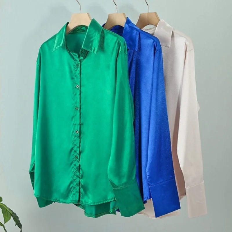 Fashion Long Sleeve Satin Women Shirts Office Lady Elegant Loose Silk Blouses Button Up Tops