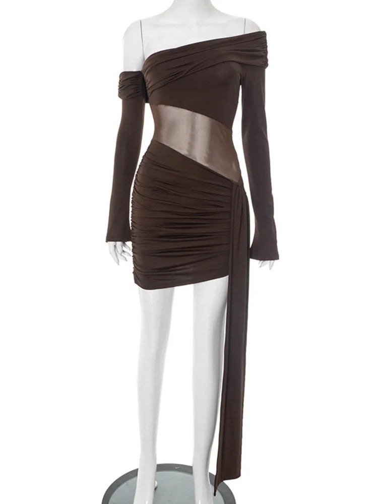 Mozision Off-shoulder Long Sleeve Sexy Mini Dress Women Fashion See Through Strapless Backless Draped Ruched Club Party Dresses