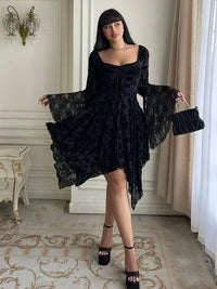 Hot seller Halloween Plus Size Ruffled Trumpet Sleeves Elastic Drawstring Women Short Skirt Gothic Floral Lace Square Neck Dress