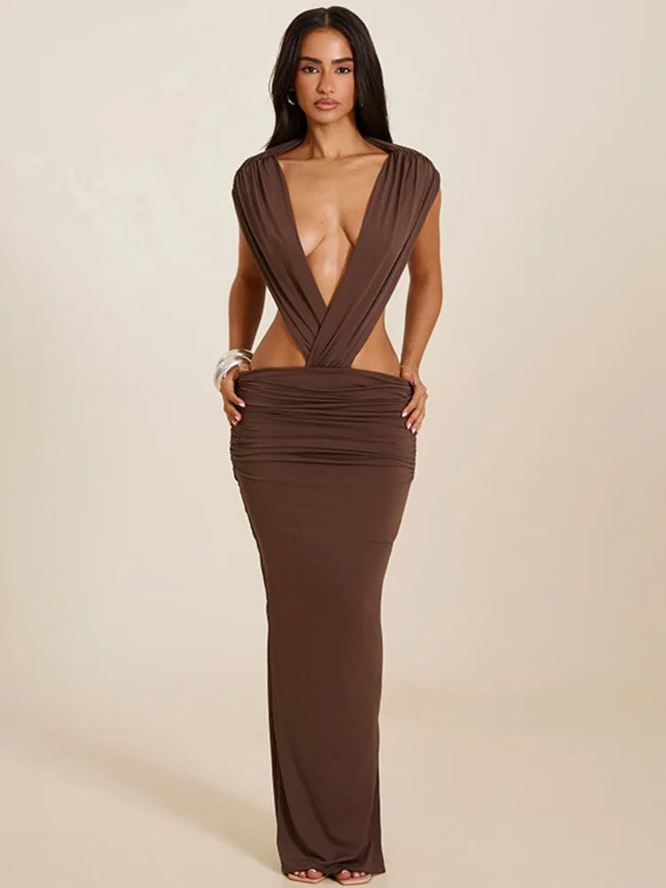 Sibybo Sexy Deep V-Neck Backless Women Maxi Dress Brown Sleeveless Ruched Slim High Waist Long Dress Elegant Evening Party Dress