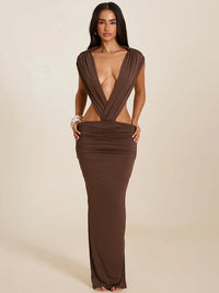 Sibybo Sexy Deep V-Neck Backless Women Maxi Dress Brown Sleeveless Ruched Slim High Waist Long Dress Elegant Evening Party Dress
