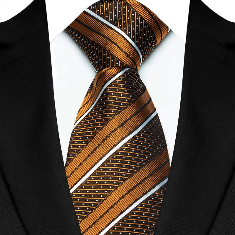 Luxury 8CM Mens Necktie Brown Orange Color Dot Stripes Ties For Man Groom Jacquard Woven Neck Tie For Business Wedding Party