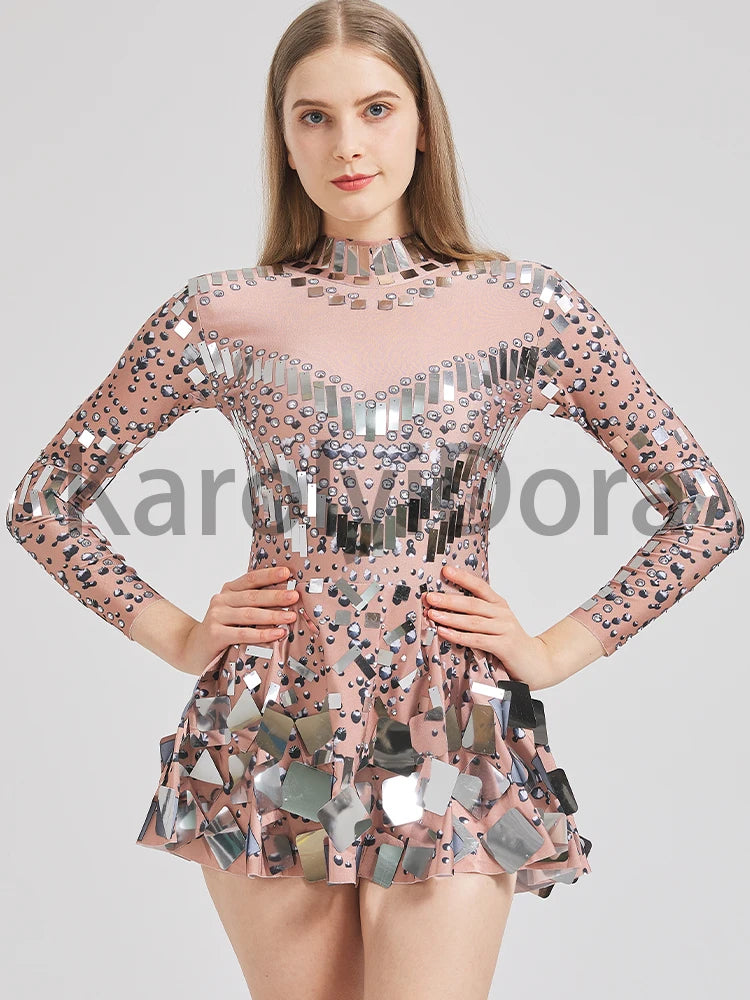 Bestselling Mirror Party Evening Dress Women Long Sleeve Stretch Mini Dress  Party Prom Women's Celebrate Dress Stage Costumes