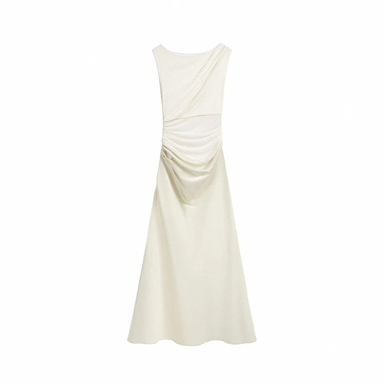 Retro Ele White Lace Satin Patchwork Design High Waist Slimming Long Skirt  Dr Soft Polyester Summer Gown