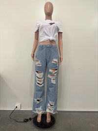 Hole Jeans for Women Ripped Straight Pants Mid Waist Distressed Washed Pockets Vintage Denims 2025 Streetwear Female Trousers