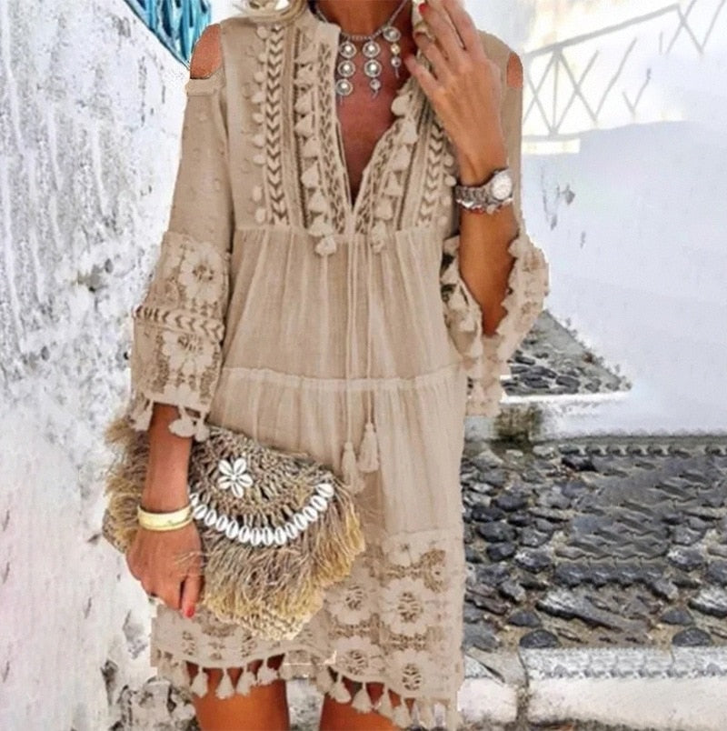 New Spring Embroidery Crochet Lace Boho Dress Women Elegant Off Shoulder Tassel Ruffle Mini Dress Summer V Neck Lady Beach Dress