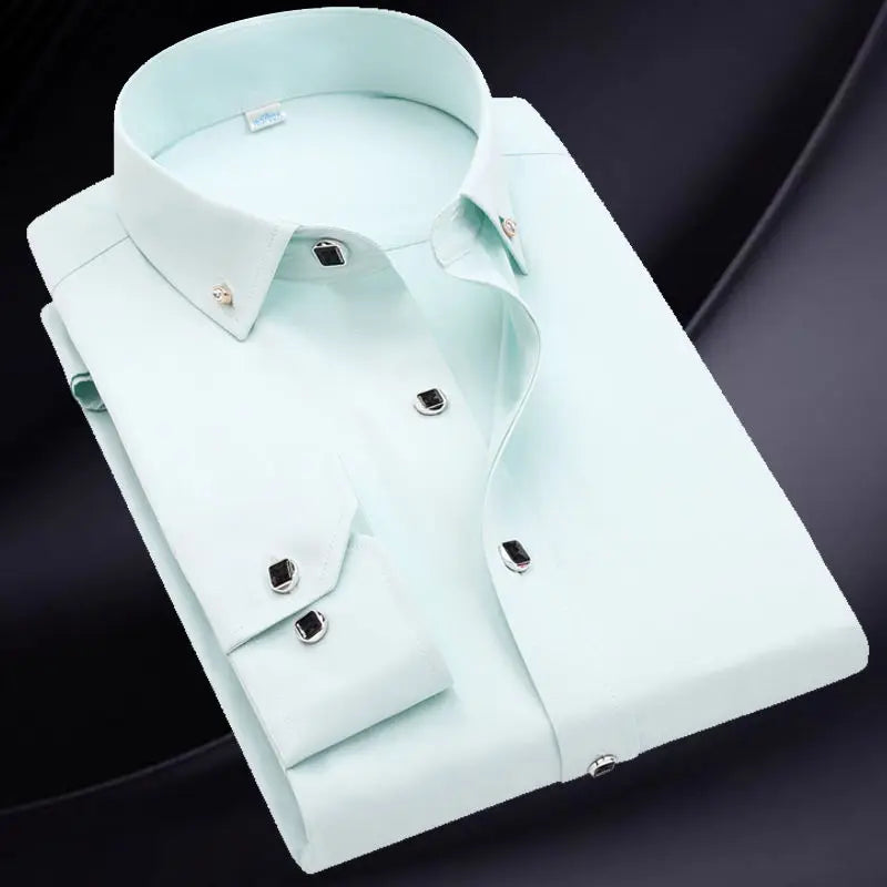 Men's Button-down Shirt Long Sleeve Casual Formal Business Dress Shirts Pocket-less Solid Color Blue White Tops Korean Slim Fit