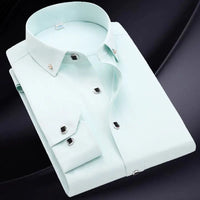 Men's Button-down Shirt Long Sleeve Casual Formal Business Dress Shirts Pocket-less Solid Color Blue White Tops Korean Slim Fit