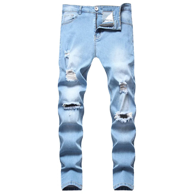 Men Holes Stretch Skinny Beggar Jeans Pants Spring Street Ripped Distressed Male Pencil Denim Pants