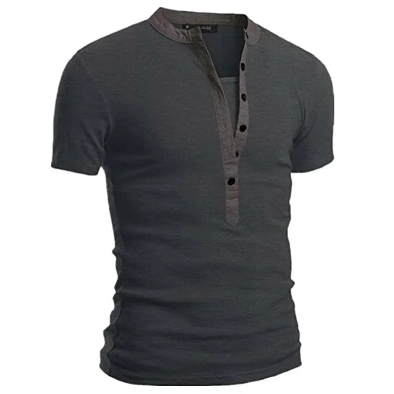 2026 Men's Summer Casual Shirts Solid V-neck Button Slim Fit T-Shirts for Men Fashion Short Sleeve Tees Tops Men Clothing S-3XL