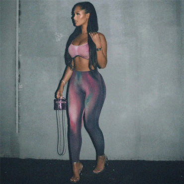 Women Sexy Tie Dye 2 Piece Set Supendency Striped Print Crop Tanks+Contast Color Matching Trousers Female Attractive Suits