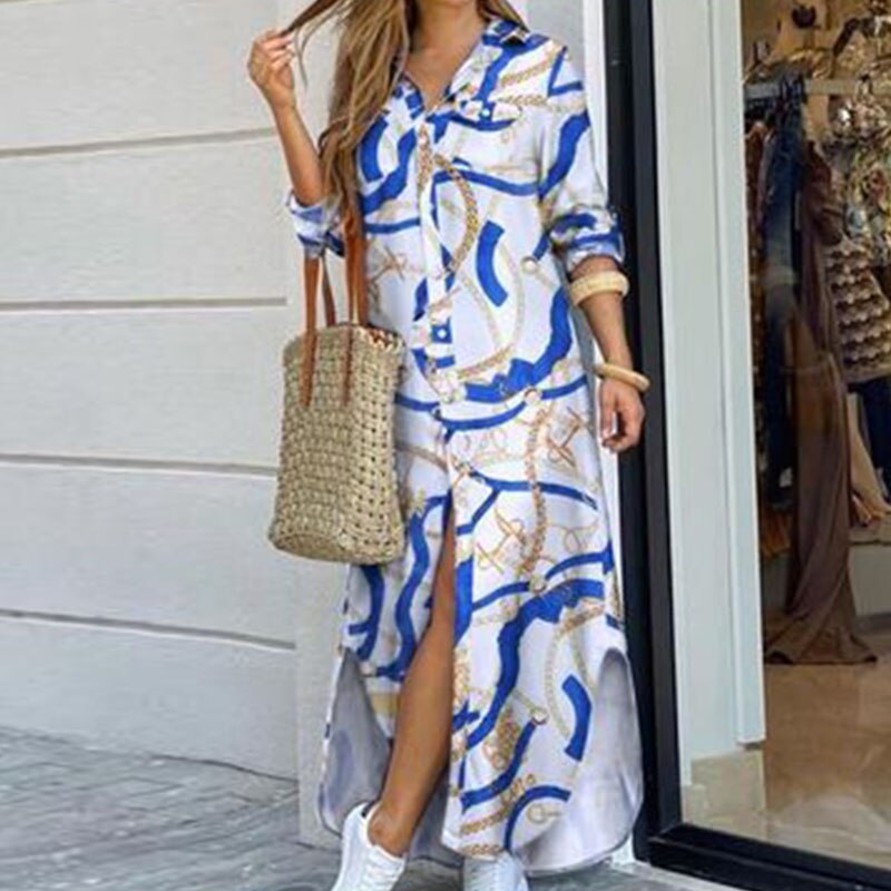 Women Long Sleeve Shirt Dress Summer Casual Boho Printed Dresses Fashion Single Breasted Button Party Female Maxi Dress Vestidos