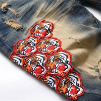 Vintage Blue Ripped Tiger Head Embroidered Men's Jeans Mid-waist Slim Fashion Pencil Pants Street Trend