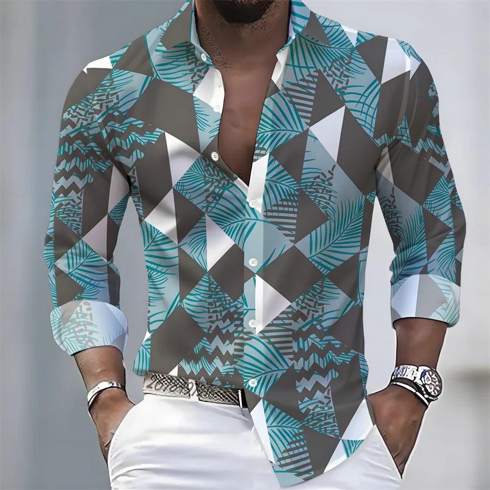 Summer lightweight men's printed long-sleeved shirt, retro floral plaid color-blocked casual shirt, Hawaiian vacation style top.