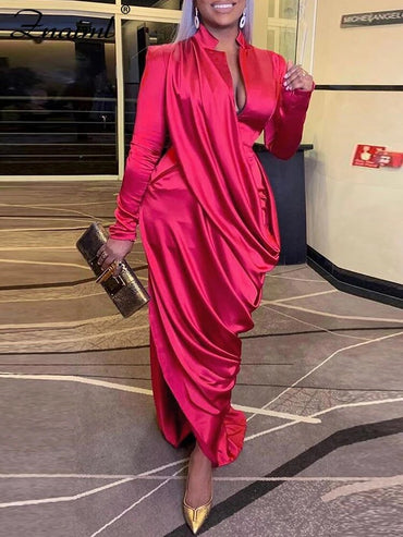Znaiml Elegant Solid Satin Ruched Long Sleeve Bodycon Maxi Red Dress for Women Evening Party Nightclub Celebrity Formal Vestidos