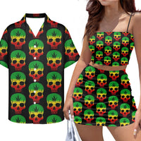 Jamaica Skull Print Women Couple Clothing Set For Club Party Sexy Halter Top Skirt Loose Men Shirt Match Girl Bodycon Dress Set