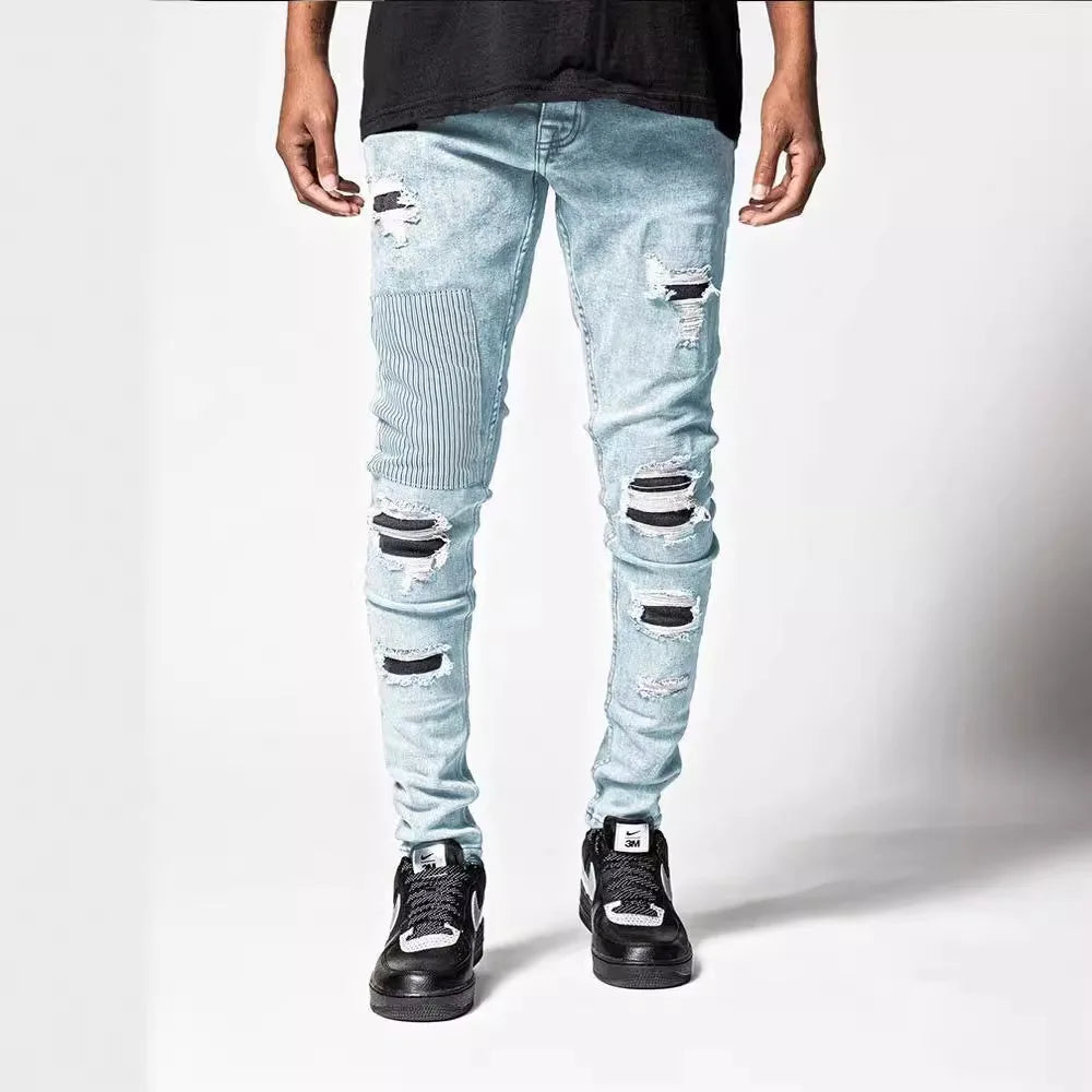 2025 New Men Light Blue Distressed Ripped Stretch Skinny Jeans Slim Fit Trendy Casual Long Pants Multi Color Options