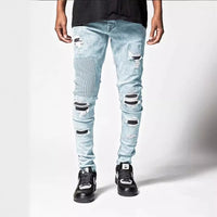 2025 New Men Light Blue Distressed Ripped Stretch Skinny Jeans Slim Fit Trendy Casual Long Pants Multi Color Options