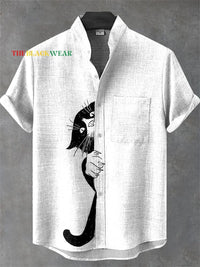 New Men's Comfortable Linen Short Sleeve Shirt High Quality Costume Art Print Cartoon Cat Pattern New Series