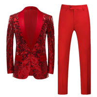 Red Sequin Blazer & Pants Set , Men's Shiny Party Outfit Suits for Weddings, Concerts & Festive Celebrations