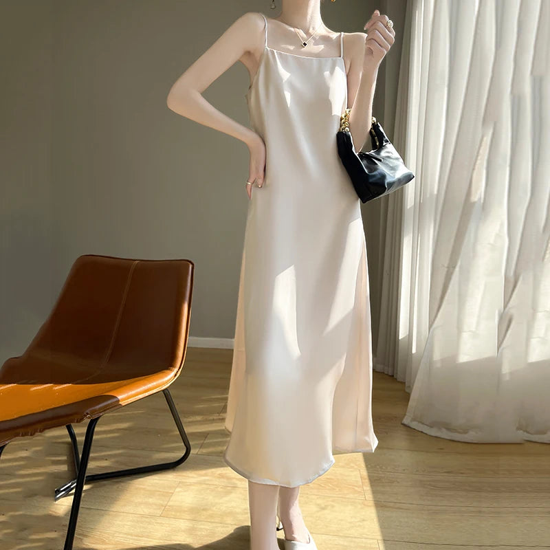 2025 New Model One Collar French High-end Silk Camisole Dress.  Solid Color Base Long Skirt
