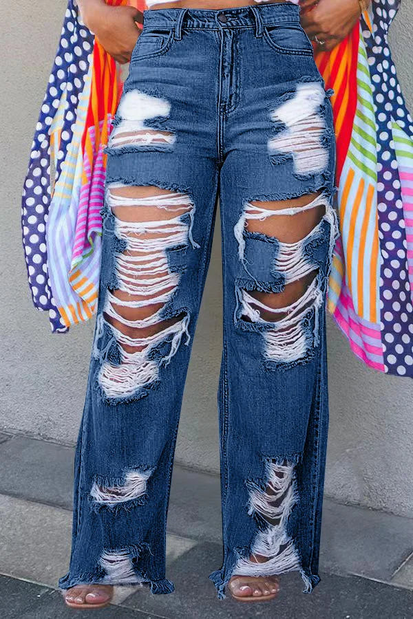 Hole Jeans for Women Ripped Straight Pants Mid Waist Distressed Washed Pockets Vintage Denims 2025 Streetwear Female Trousers