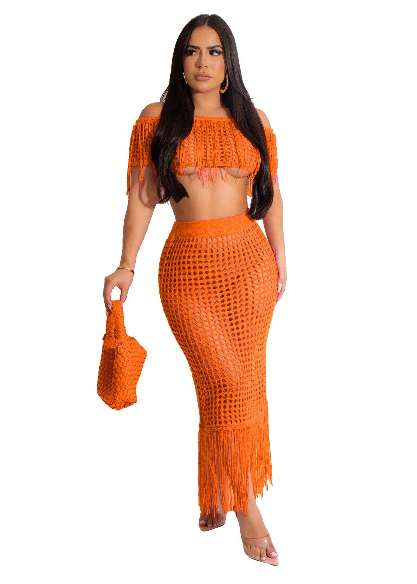 Slash Neck Solid Tops Swimsuit Cover Ups 2 Piece Set Sexy  Holiday Women Hand Crochet Ruffles Tassel Knitted Beach Maxi Dress