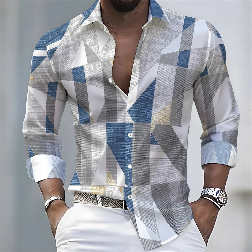 2026 Spring/Autumn New Men's Light Luxury Baroque Style Long-Sleeved Shirt with Color-Blocked Geometric Print Lapel Cardigan