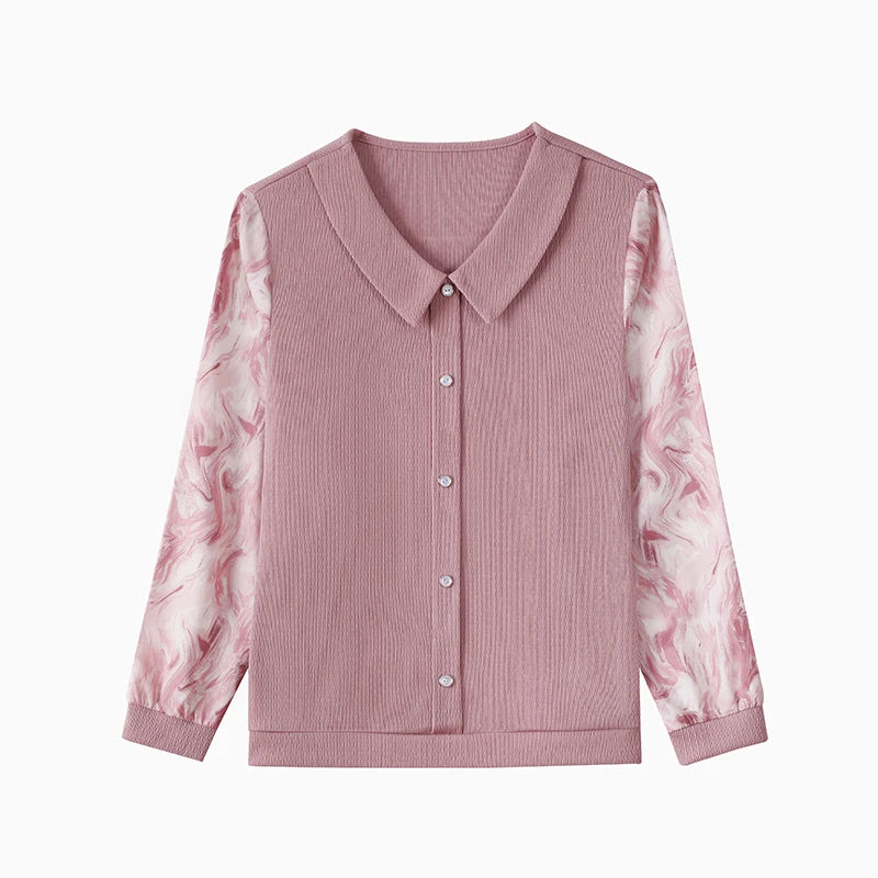 Women Spring  Chiffon Blouses Shirts Lady Casual Turn-down Collar Patchwork Chiffon Blusas Tops