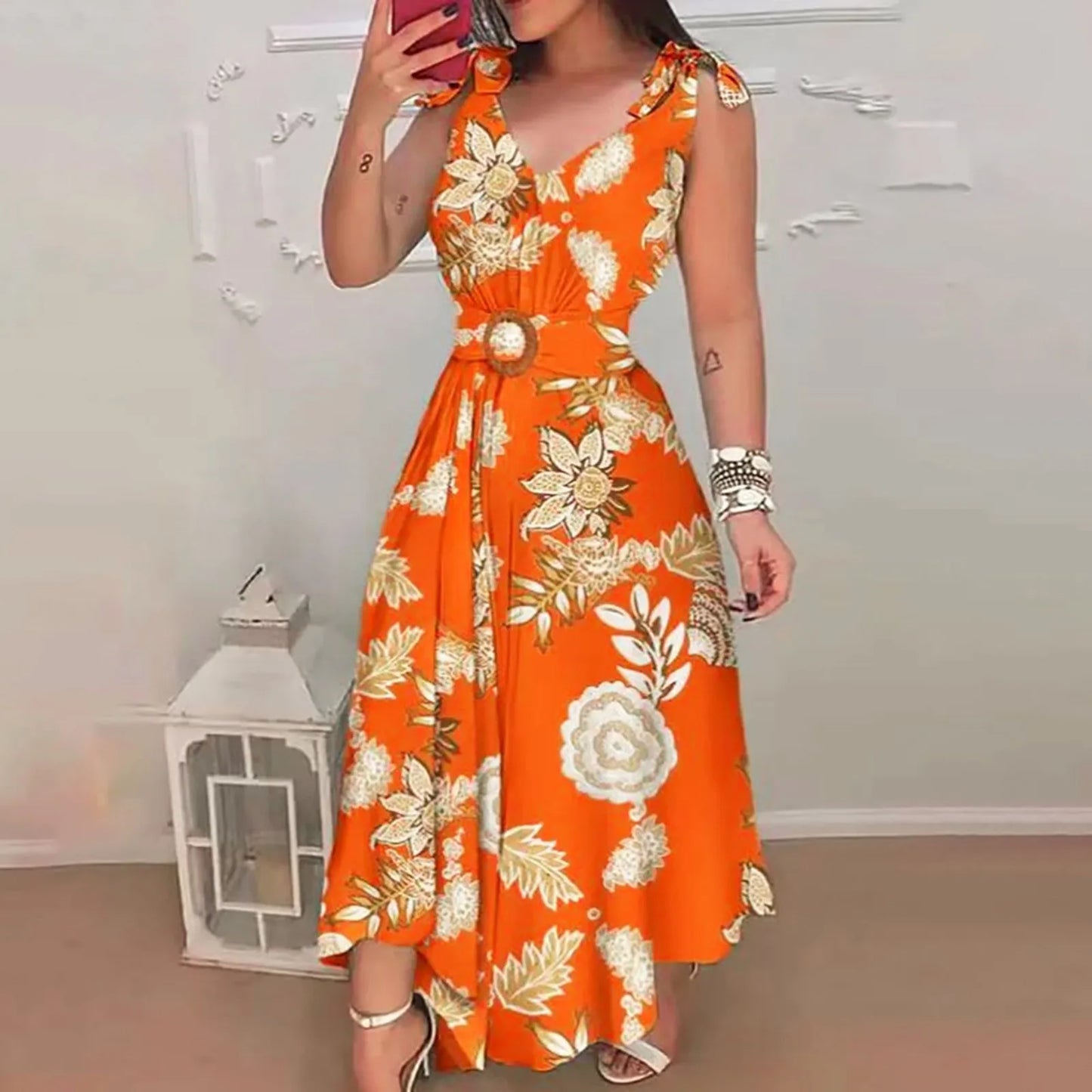 Beach Dress With Belt Women Sleeveless Floral Print Tie Knot Casual Long Dress Summer Ruffled High Waist Large Swing Maxi Dress