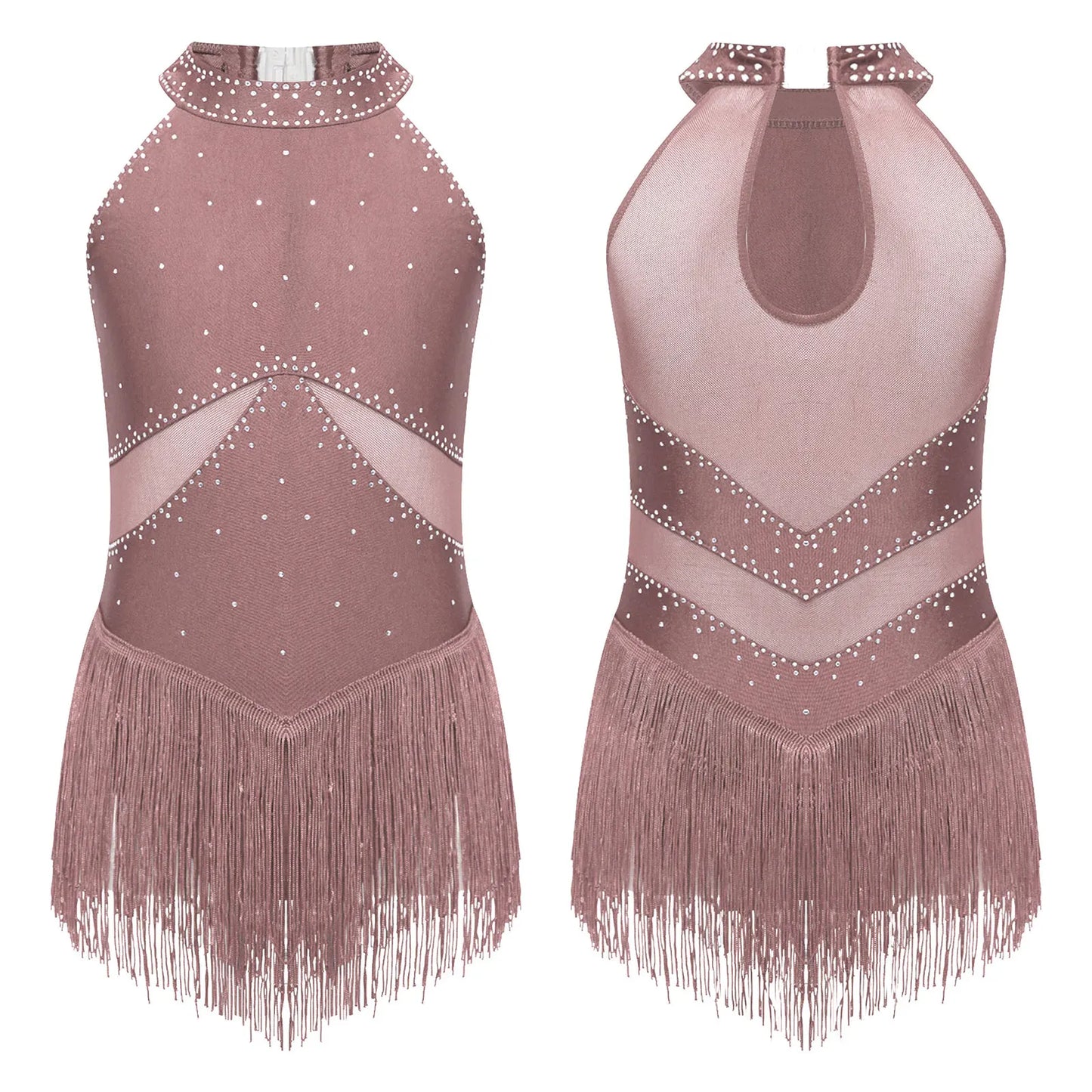 Kids Girls Sleeveless Fringed Bodysuit Moden Latin Jazz Dance Leotard Dress Rhinestones Gymnastics Skating Performance Costumes