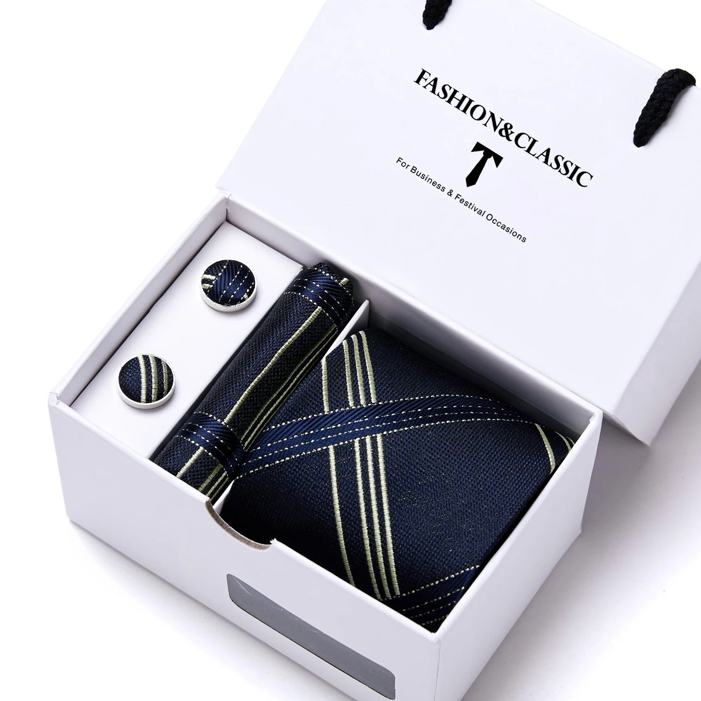 High Quality 7.5 cm Stripe Blue Tie Pocket Square Cufflinks Set For Men Gift Box Wedding Gravatas Fit Workplace