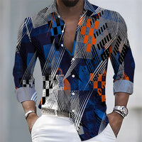 European and American style color-blocked geometric abstract print men's long-sleeved shirt, versatile top for spring and autumn