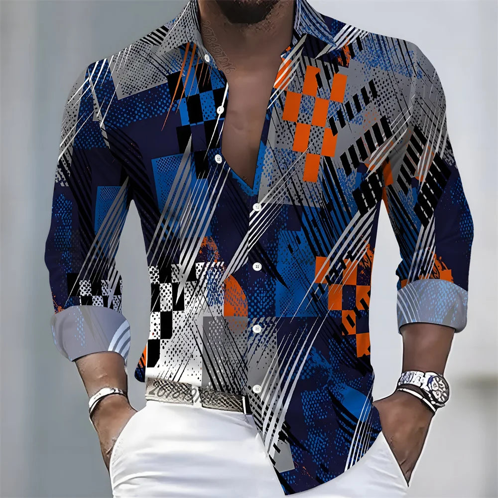 European and American style color-blocked geometric abstract print men's long-sleeved shirt, versatile top for spring and autumn