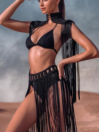 Leosoxs Hand Crochet Knitted Women Bikini Cover Ups Summer Holiday Tassel Beach Bathing Suit Sexy Hollow Out Skirts Matching Set